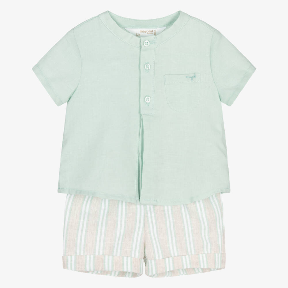Mayoral Newborn-طقم شورت قطن وكتان مقلم لون أخضر للأولاد الرضع | Childrensalon