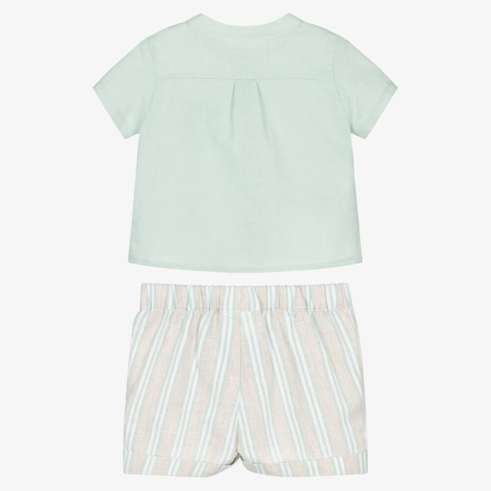 Mayoral Newborn-طقم شورت قطن وكتان مقلم لون أخضر للأولاد الرضع | Childrensalon