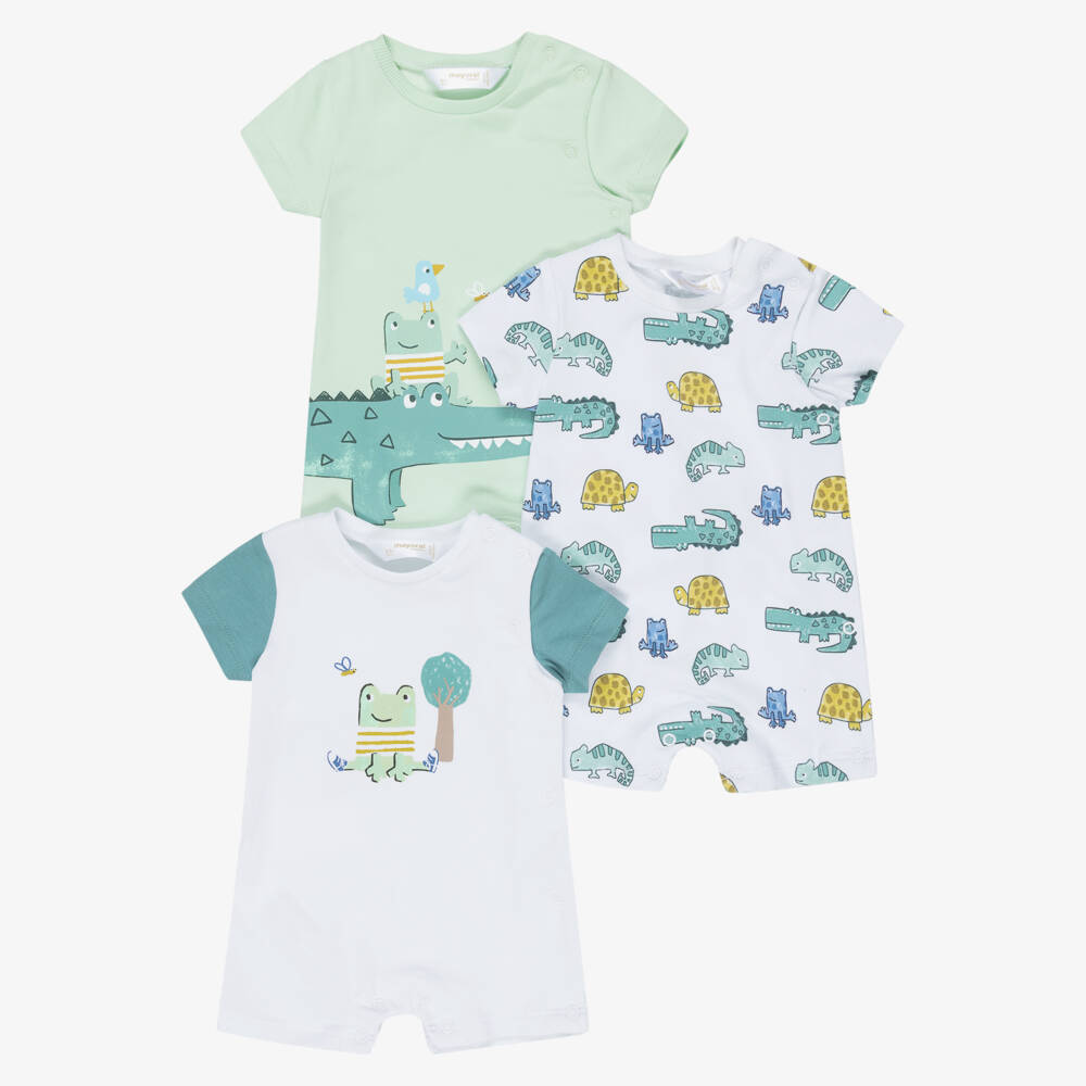 Mayoral Newborn-Baby Boys Green & White Cotton Shorties with Frog Print (3 Pack) | Childrensalon