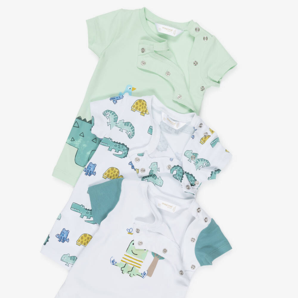 Mayoral Newborn-Baby Boys Green & White Cotton Shorties with Frog Print (3 Pack) | Childrensalon