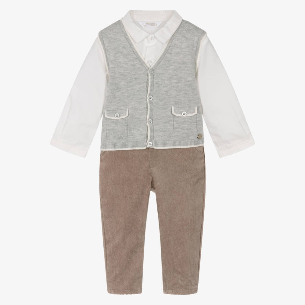 Mayoral Newborn-Baby Boys Grey & Beige Needlecord Trouser Set | Childrensalon