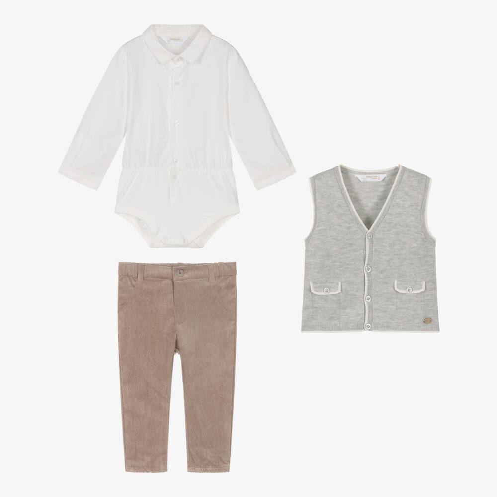 Mayoral Newborn-Baby Boys Grey & Beige Needlecord Trouser Set | Childrensalon