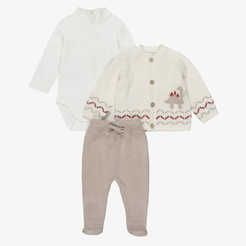 Mayoral Для новорожденных-Baby Boys Ivory & Beige Cotton Knit Dinosaur Babysuit Set | Childrensalon