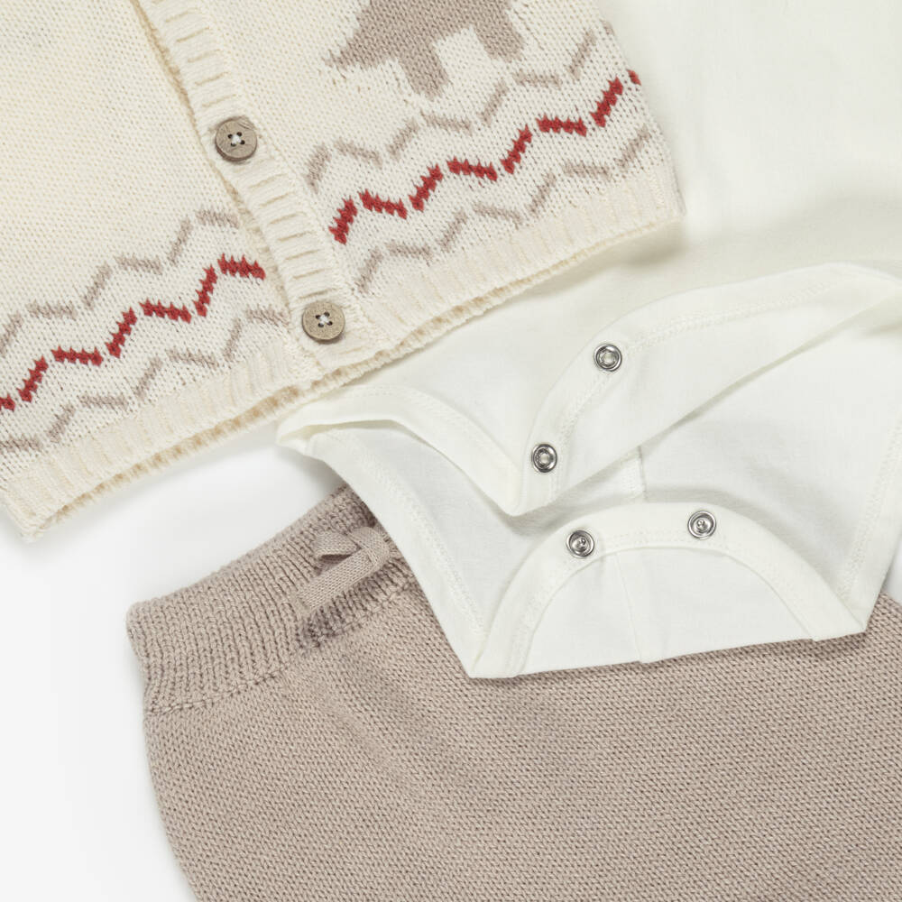 Mayoral Для новорожденных-Baby Boys Ivory & Beige Cotton Knit Dinosaur Babysuit Set | Childrensalon