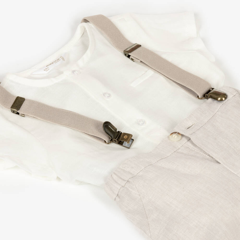 Mayoral Newborn-Baby Boys Ivory & Beige Shorts Set with Braces | Childrensalon