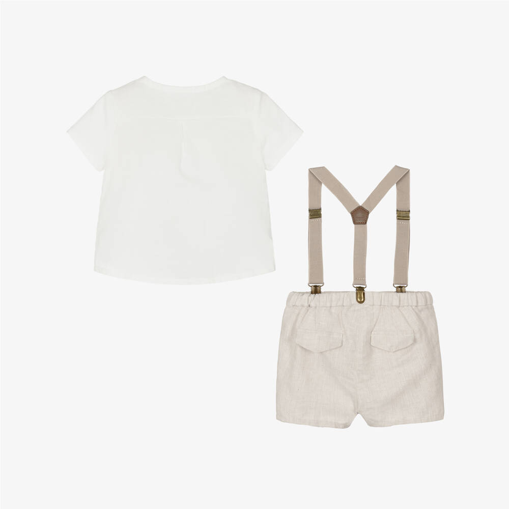 Mayoral Newborn-Baby Boys Ivory & Beige Shorts Set with Braces | Childrensalon