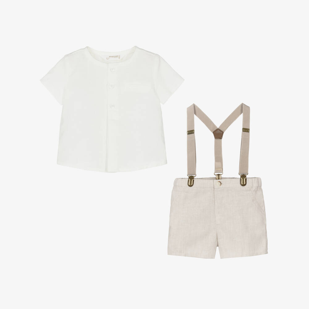 Mayoral Newborn-Baby Boys Ivory & Beige Shorts Set with Braces | Childrensalon