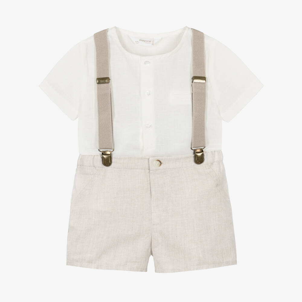 Mayoral Newborn-Baby Boys Ivory & Beige Shorts Set with Braces | Childrensalon