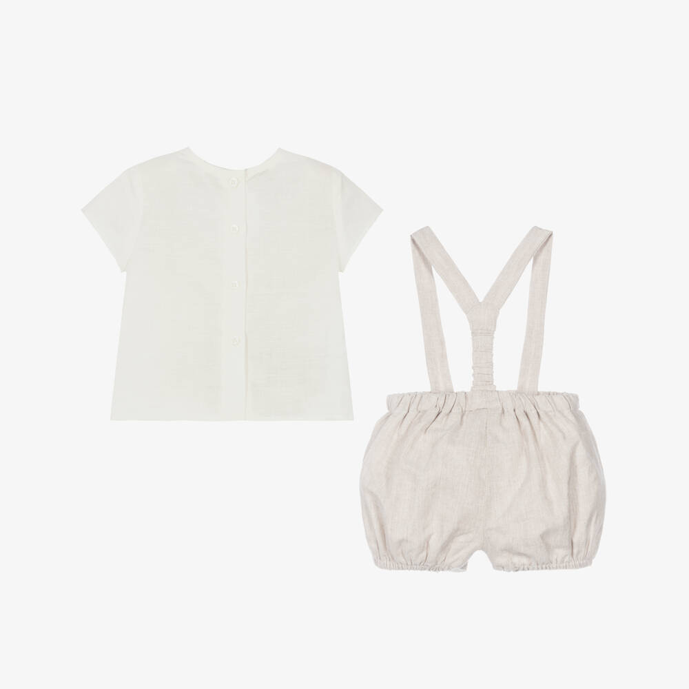 Mayoral Newborn-Baby Boys Ivory & Beige Shorts Set with Shoulder Straps | Childrensalon