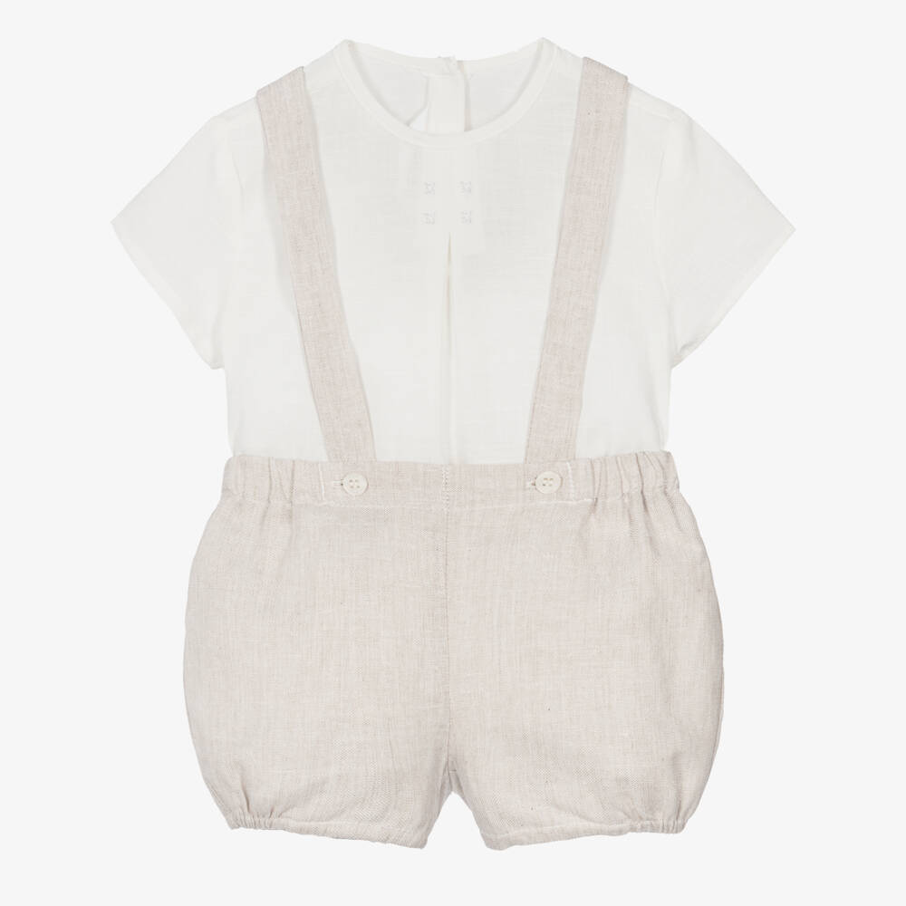 Mayoral Newborn-Baby Boys Ivory & Beige Shorts Set with Shoulder Straps | Childrensalon