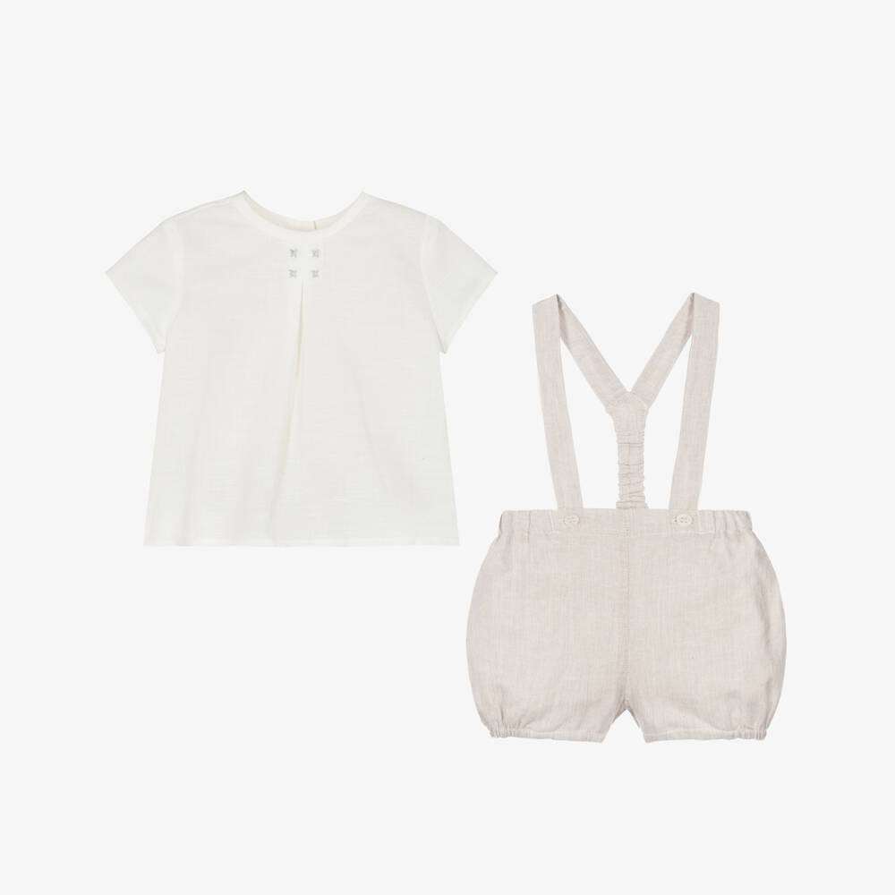 Mayoral Newborn-Baby Boys Ivory & Beige Shorts Set with Shoulder Straps | Childrensalon