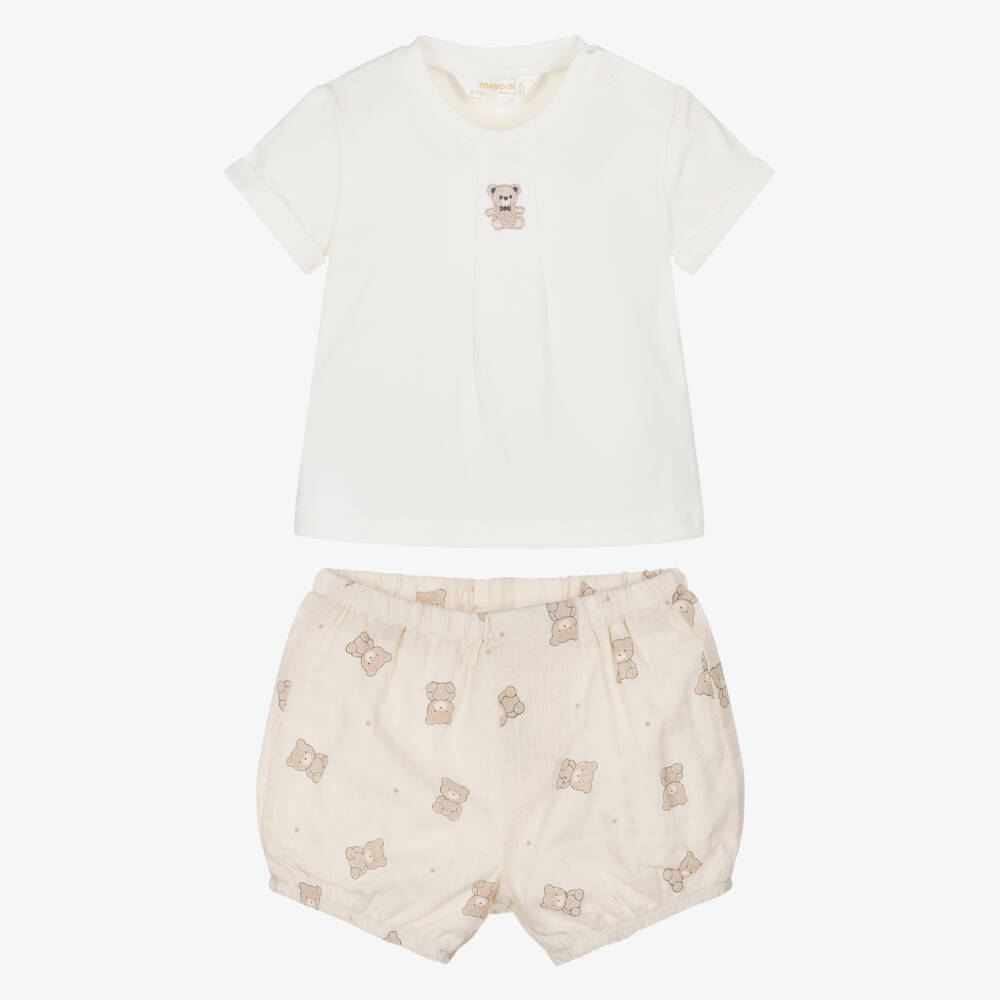 Mayoral Newborn-Baby Boys Ivory & Beige Teddy Bear Print Shorts Set | Childrensalon
