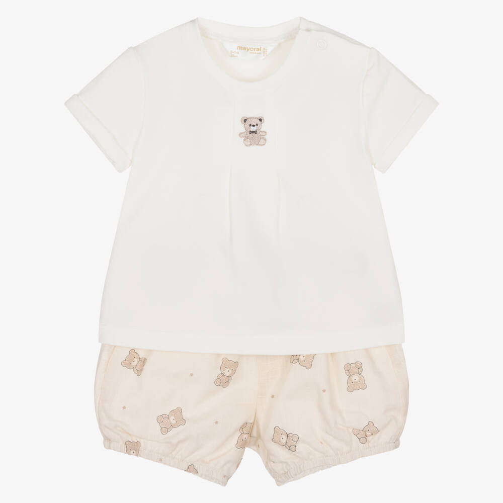 Mayoral Newborn-Baby Boys Ivory & Beige Teddy Bear Print Shorts Set | Childrensalon