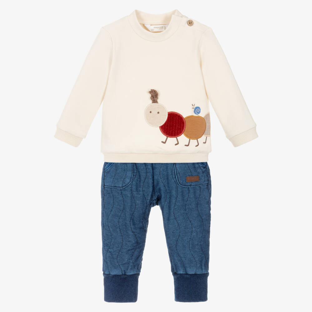 Mayoral Для новорожденных-Baby Boys Ivory & Blue Cotton Caterpillar Trouser Set | Childrensalon