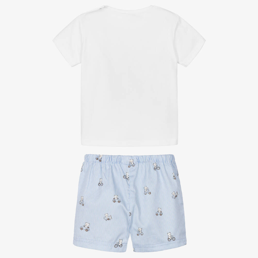 Mayoral Newborn-Baby Boys Ivory & Blue Cotton Shorts Set with Bear Motif | Childrensalon