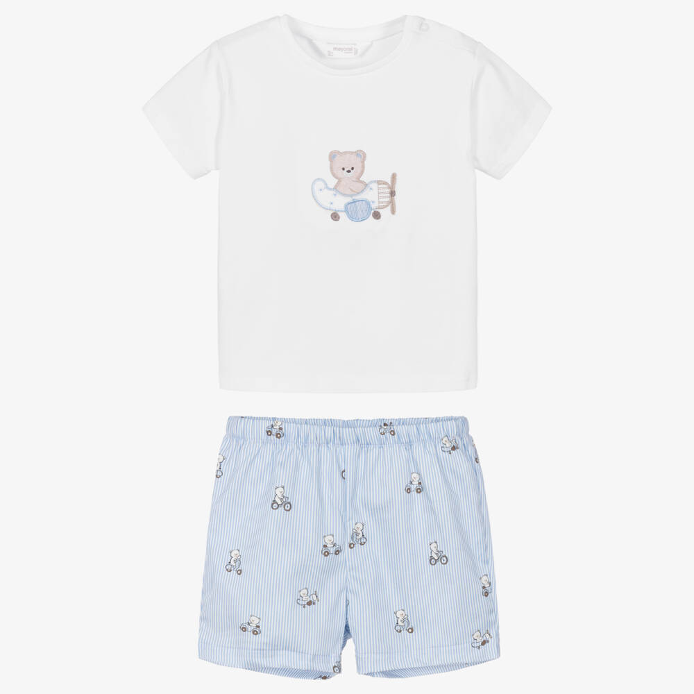 Mayoral Newborn-Baby Boys Ivory & Blue Cotton Shorts Set with Bear Motif | Childrensalon