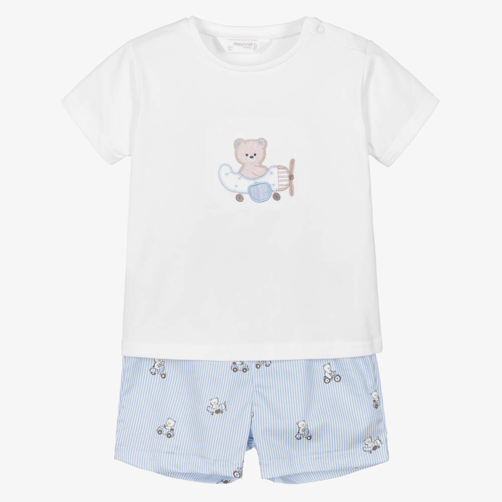 Mayoral Newborn-Baby Boys Ivory & Blue Cotton Shorts Set with Bear Motif | Childrensalon