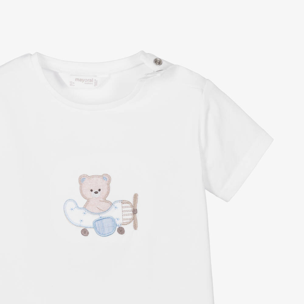 Mayoral Newborn-Baby Boys Ivory & Blue Cotton Shorts Set with Bear Motif | Childrensalon