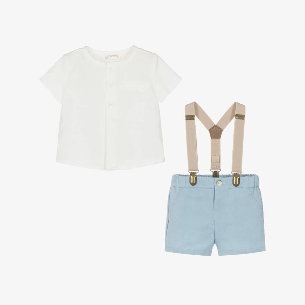 Mayoral Для новорожденных-Baby Boys Ivory & Blue Shorts Set with Braces | Childrensalon