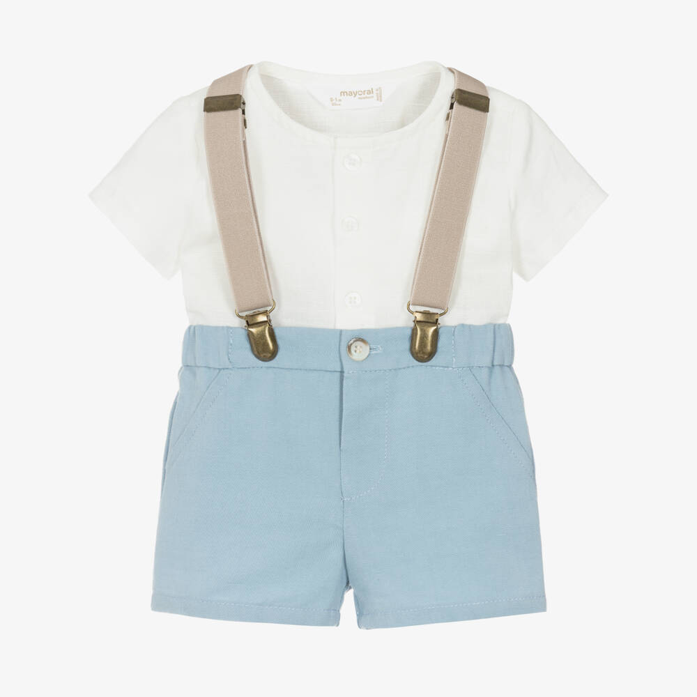 Mayoral Для новорожденных-Baby Boys Ivory & Blue Shorts Set with Braces | Childrensalon