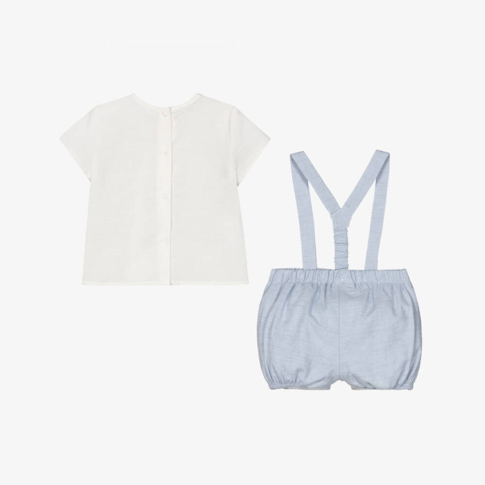 Mayoral Newborn-Baby Boys Ivory & Blue Shorts Set with Shoulder Straps | Childrensalon