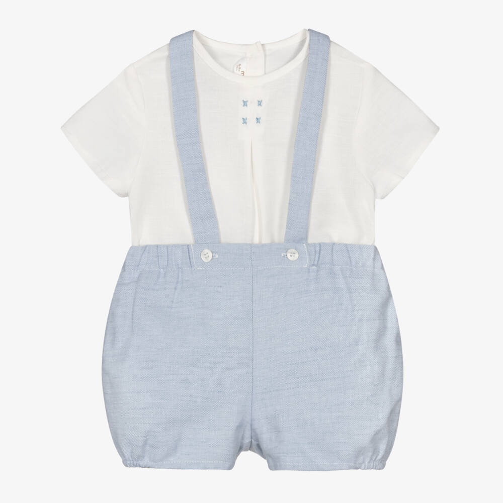 Mayoral Newborn-طقم شورت بحمالات لون أزرق وعاجي للأولاد الرضع | Childrensalon
