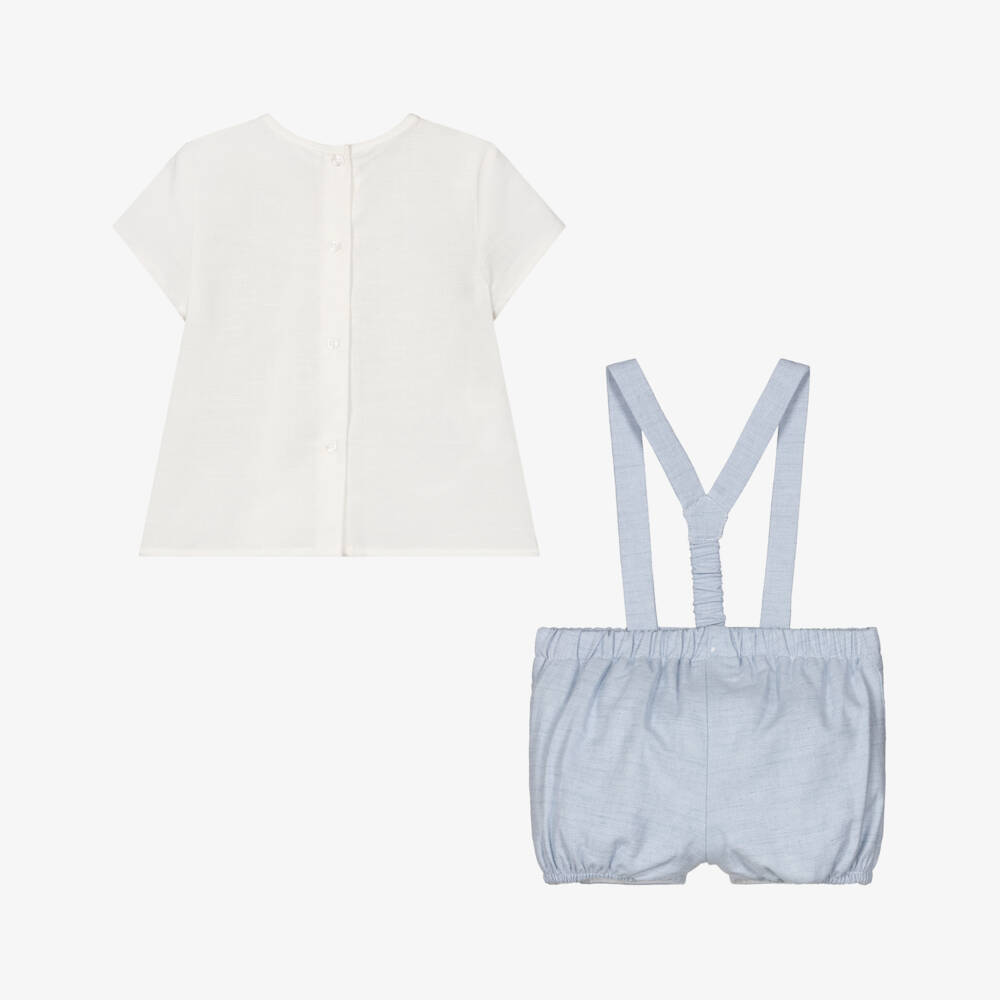 Mayoral Newborn-Baby Boys Ivory & Blue Shorts Set with Shoulder Straps | Childrensalon