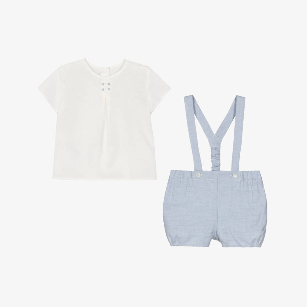 Mayoral Newborn-Baby Boys Ivory & Blue Shorts Set with Shoulder Straps | Childrensalon