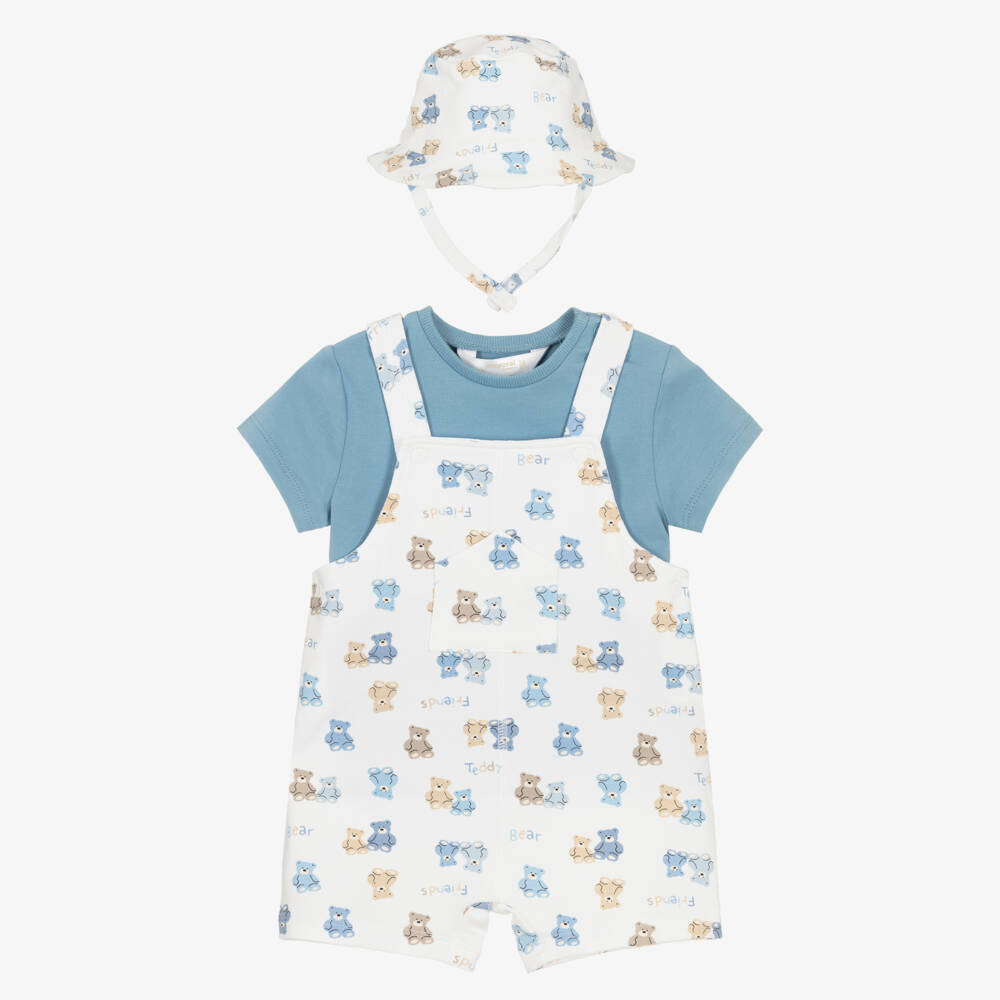 Mayoral Newborn-Baby Boys Ivory & Blue Teddy Print Dungaree Shorts Set | Childrensalon