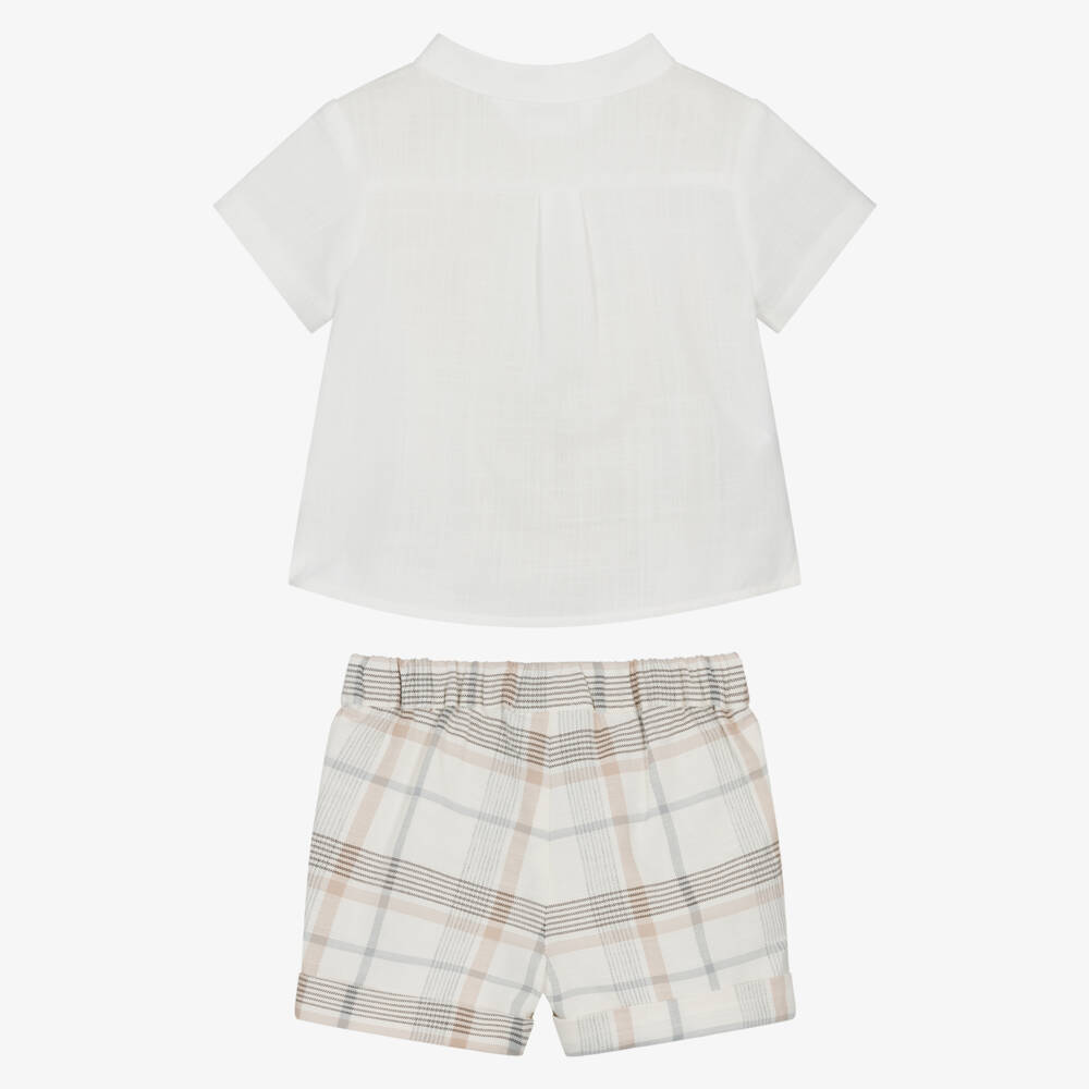 Mayoral Newborn-Baby Boys Ivory Checked Cotton & Linen Shorts Set | Childrensalon