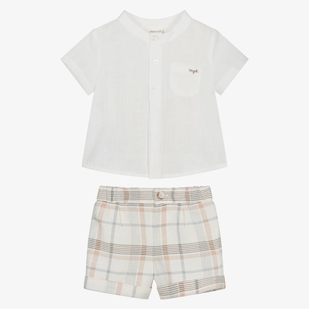 Mayoral Newborn-Baby Boys Ivory Checked Cotton & Linen Shorts Set | Childrensalon