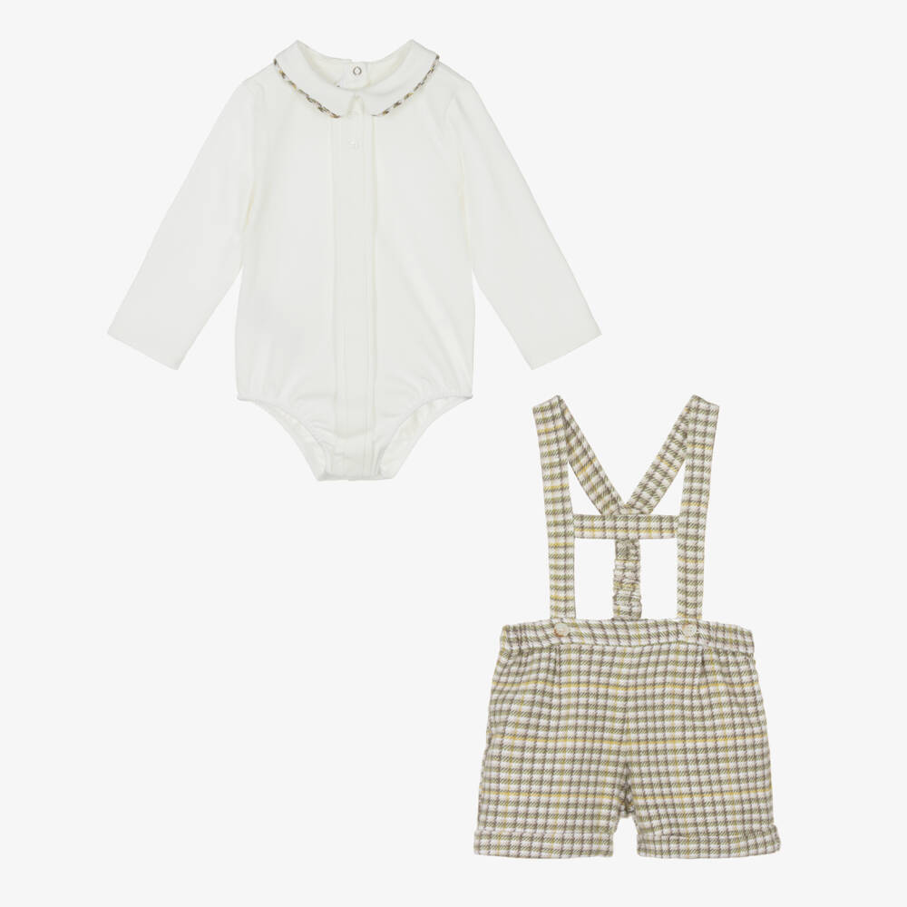 Mayoral Newborn-Baby Boys Ivory & Green Checked Shorts Set | Childrensalon