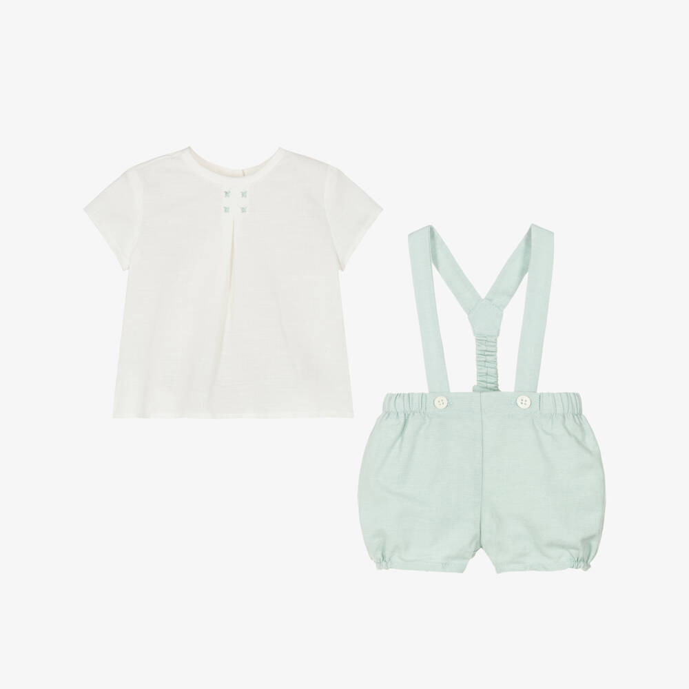 Mayoral Newborn-Baby Boys Ivory & Green Shorts Set with Shoulder Straps | Childrensalon