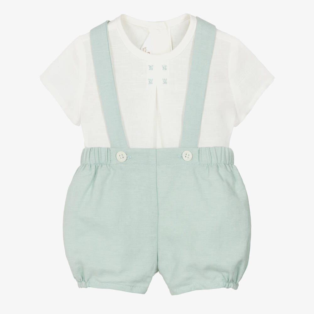 Mayoral Newborn-Baby Boys Ivory & Green Shorts Set with Shoulder Straps | Childrensalon