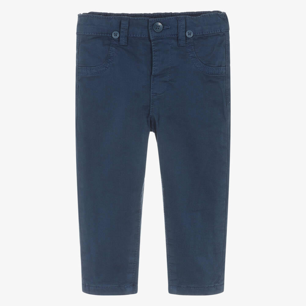 Mayoral Newborn-Baby Boys Navy Blue Cotton Trousers with Brown Braces | Childrensalon