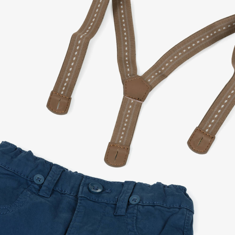 Mayoral Newborn-Baby Boys Navy Blue Cotton Trousers with Brown Braces | Childrensalon