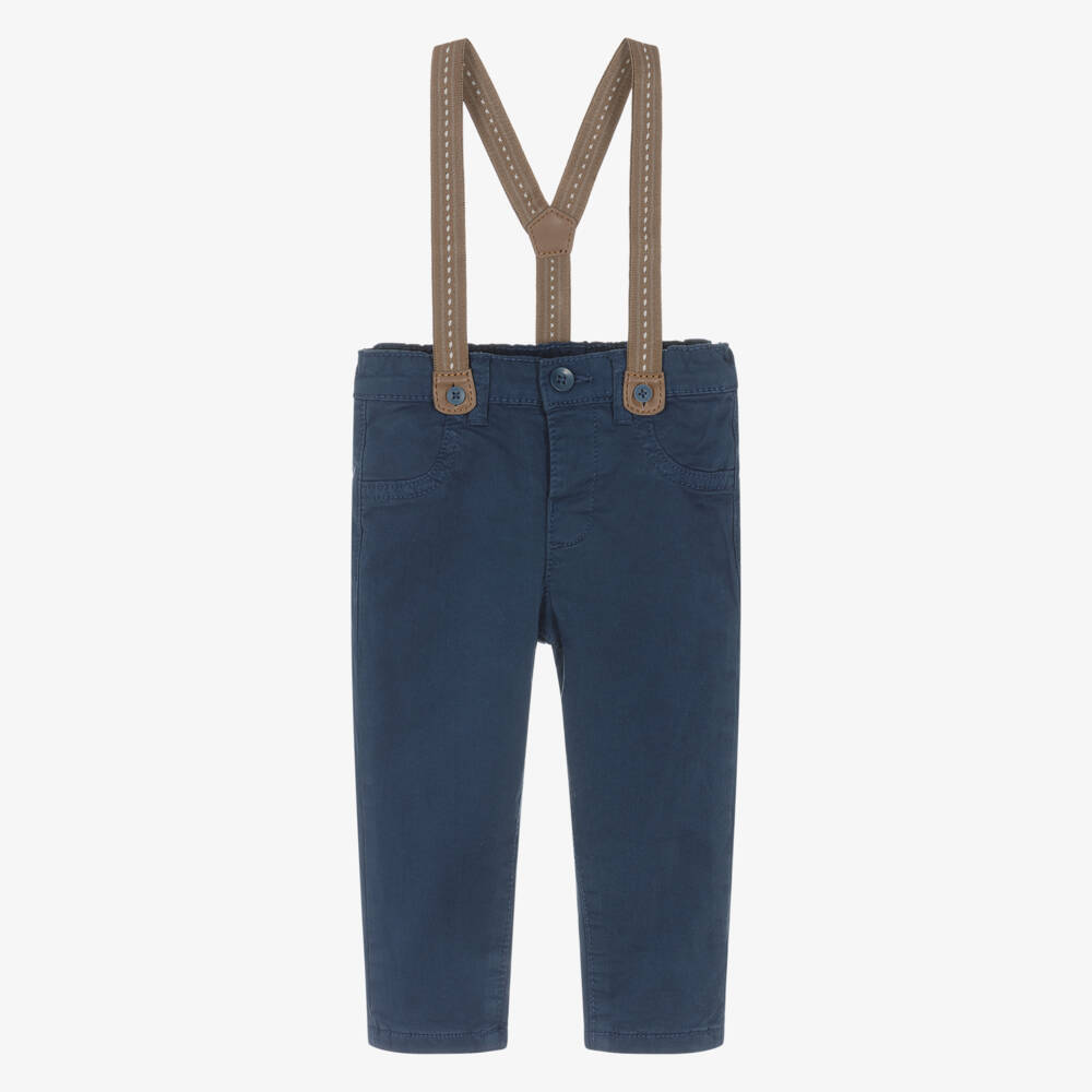 Mayoral Newborn-Baby Boys Navy Blue Cotton Trousers with Brown Braces | Childrensalon
