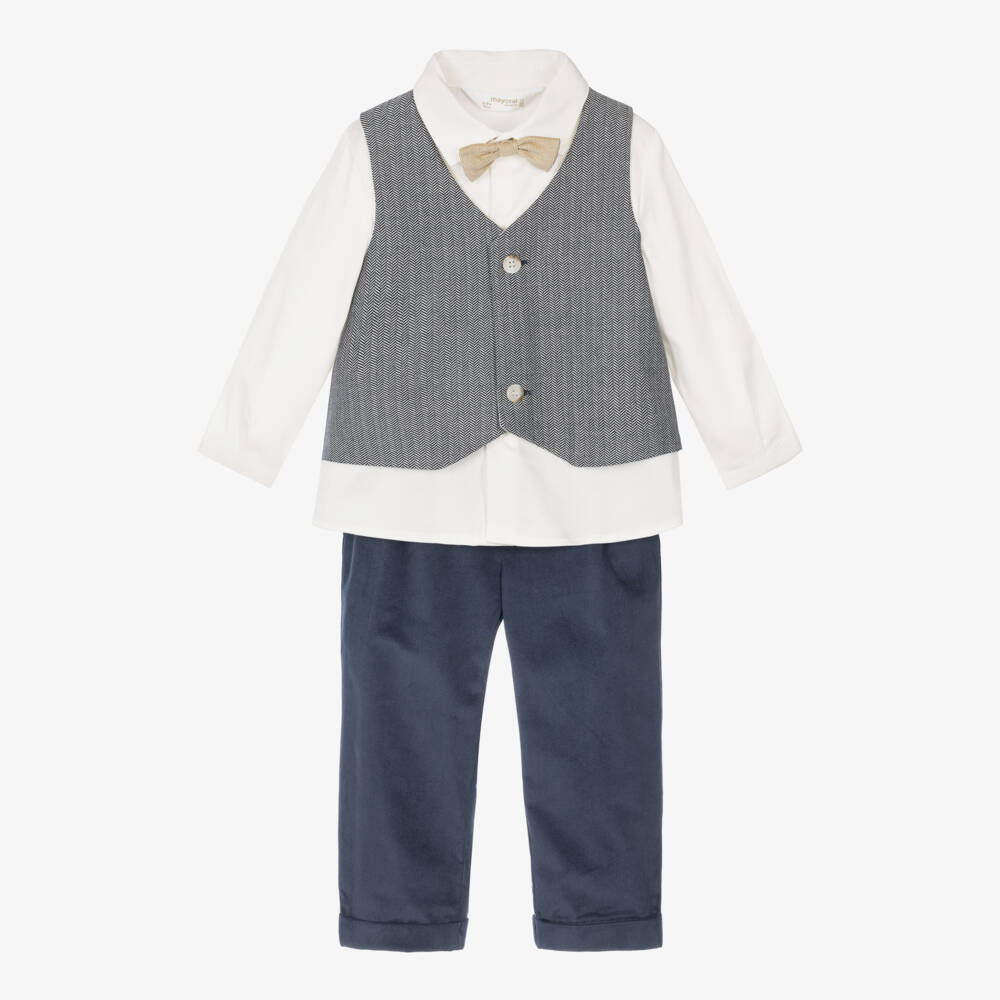 Mayoral Newborn-Baby Boys Navy Blue Trouser Set with Bow Tie | Childrensalon