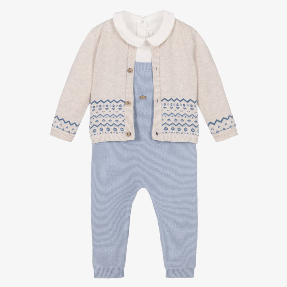 Mayoral Newborn-Baby Boys Pale Blue Knitted Dungarees Set | Childrensalon