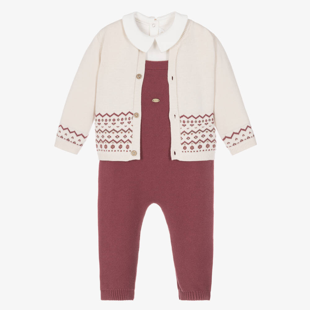 Mayoral Newborn-Baby Boys Plum Red Knitted Dungarees Set | Childrensalon