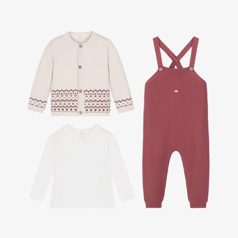 Mayoral Newborn-Baby Boys Plum Red Knitted Dungarees Set | Childrensalon