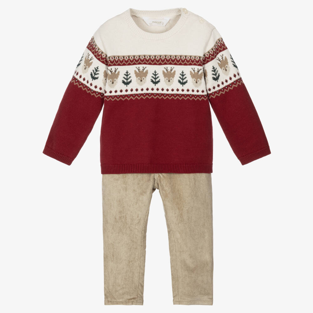 Mayoral Newborn-Baby Boys Red Festive Knit Trouser Set | Childrensalon