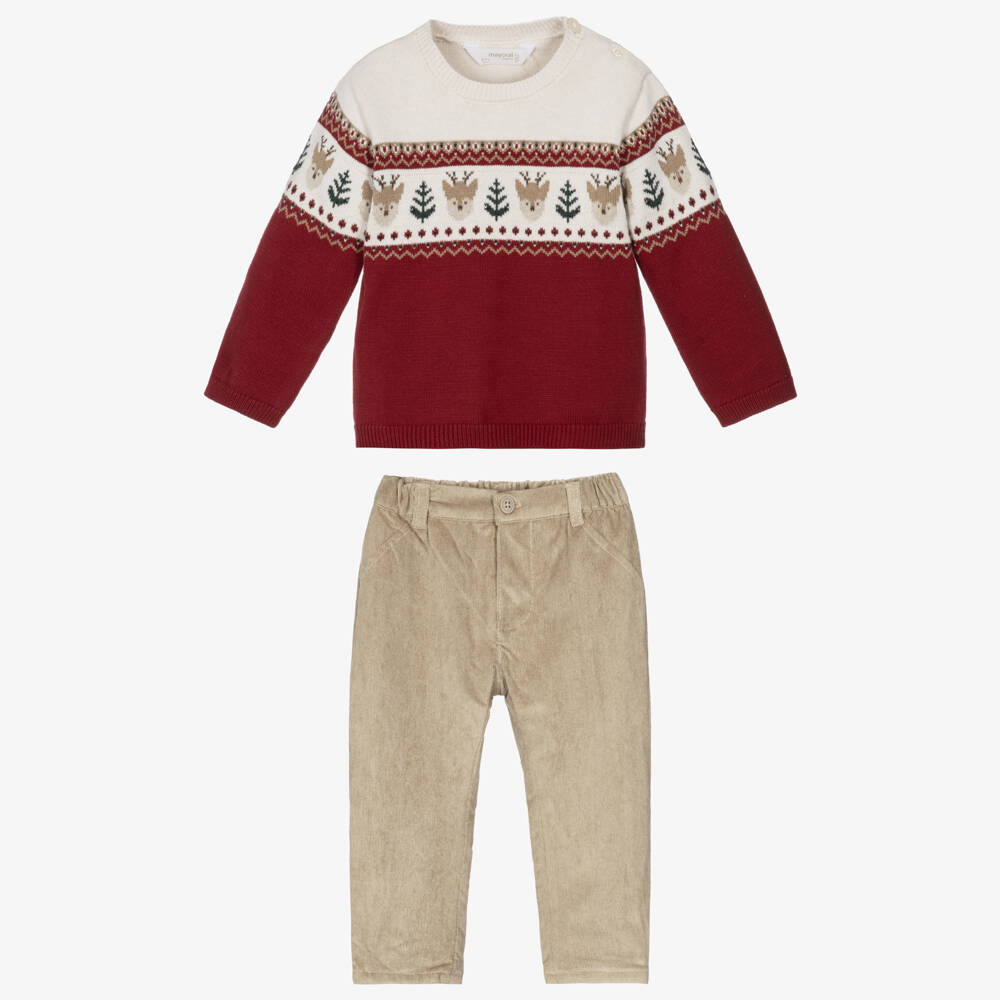 Mayoral Newborn-Baby Boys Red Festive Knit Trouser Set | Childrensalon