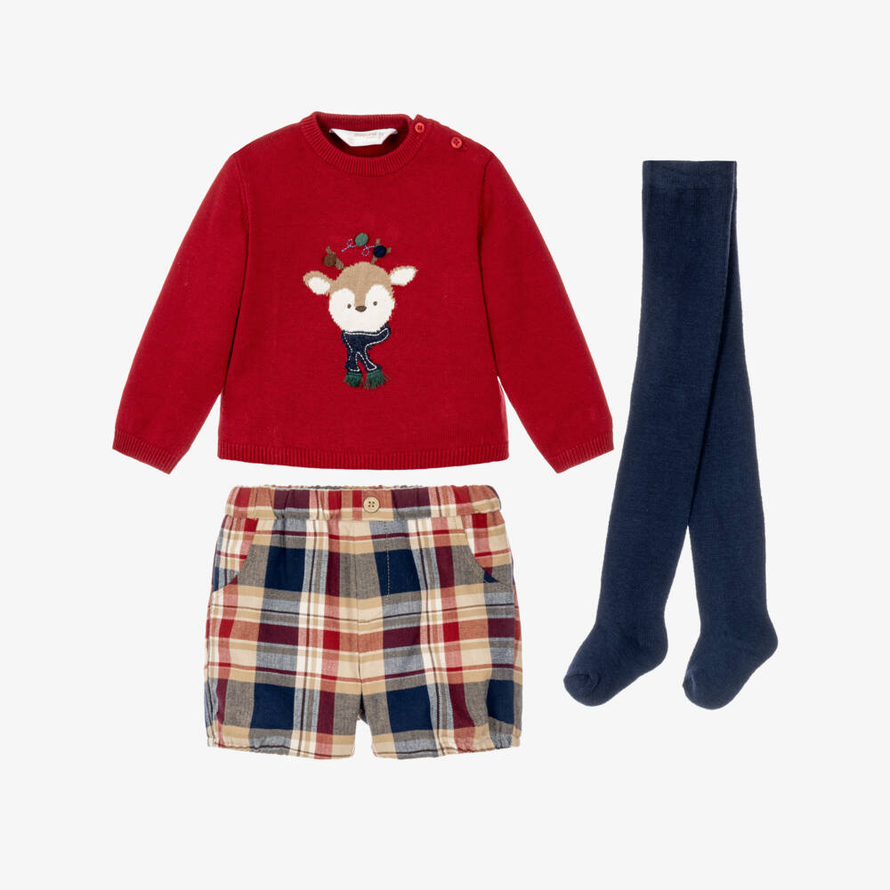 Mayoral Newborn-Baby Boys Red Sweater & Check Shorts Set | Childrensalon