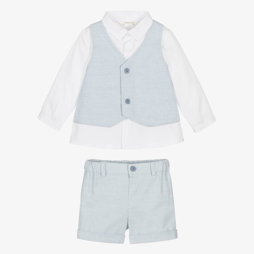 Mayoral Newborn-Baby Boys Smart White & Blue Shorts Set | Childrensalon