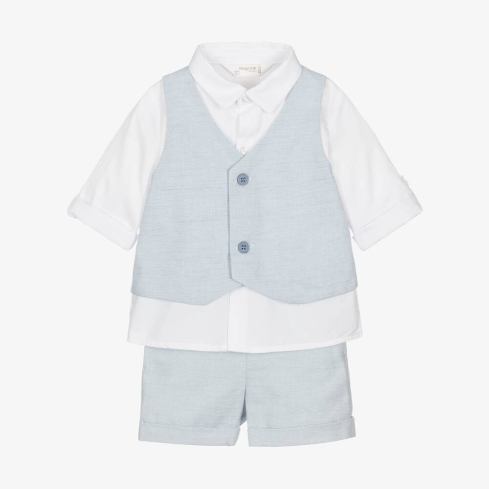Mayoral Newborn-Baby Boys Smart White & Blue Shorts Set | Childrensalon