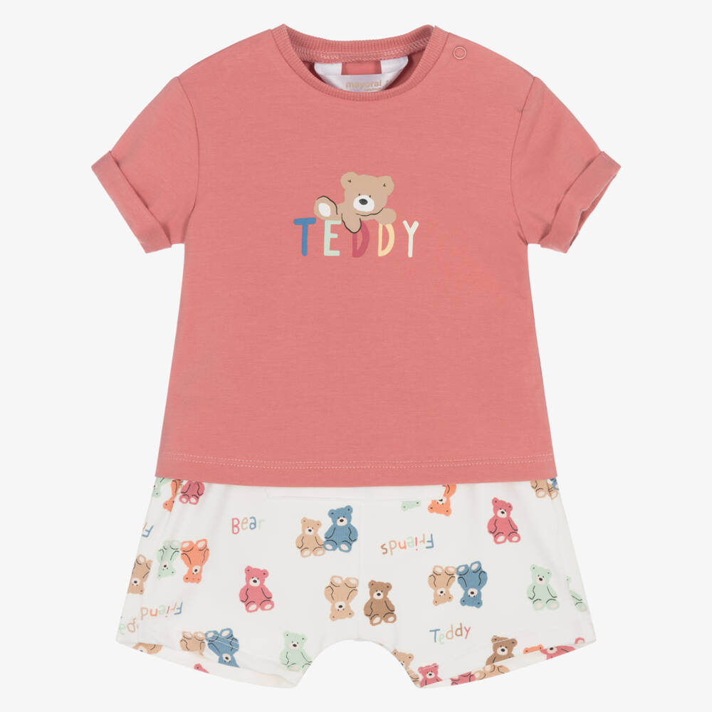 Mayoral Newborn-Baby Boys Terracotta Red Cotton Shorts Set with Teddy Print | Childrensalon