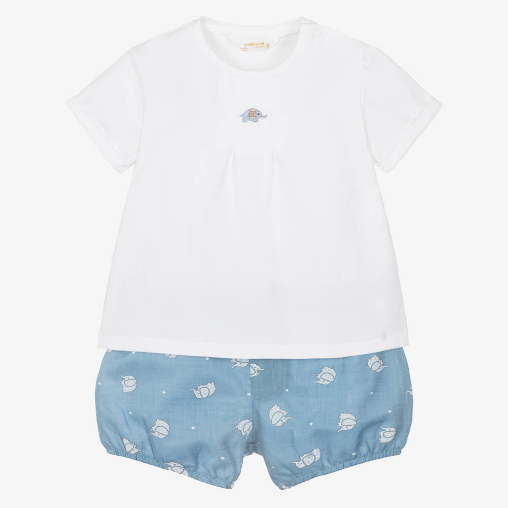 Mayoral Newborn-Baby Boys White & Blue Elephant Print Shorts Sets | Childrensalon