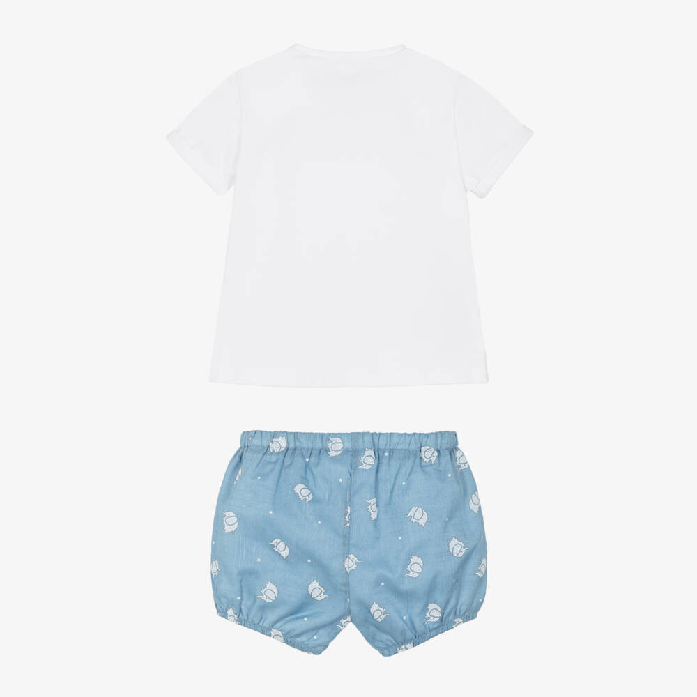 Mayoral Newborn-Baby Boys White & Blue Elephant Print Shorts Sets | Childrensalon