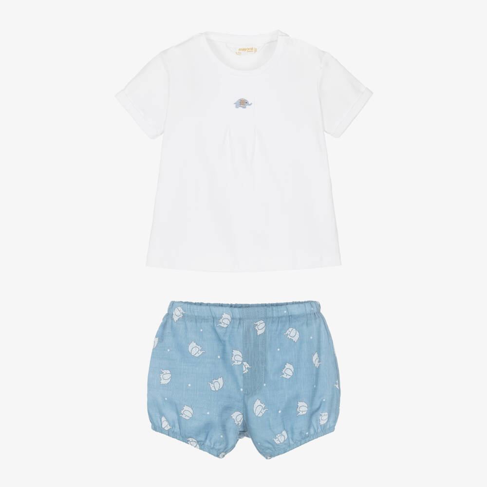 Mayoral Newborn-Baby Boys White & Blue Elephant Print Shorts Sets | Childrensalon